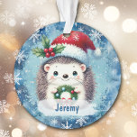 Ornamento Filhinho do Chapéu de Santa Bonita<br><div class="desc">Aqui está um Enfeites de natal bonito para aquele neto ou neta especial! Um pequeno ouriço segura uma coroa e veste um Papai Noel vermelho e branco que decorava com sombra e bagas. A imagem é colocada sobre um fundo azul com flocos de neve brancos. O nome do seu filho...</div>