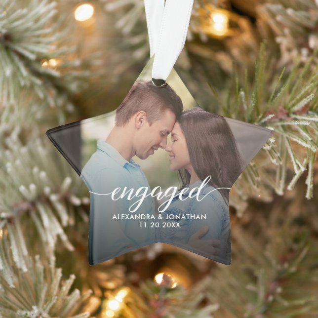 Ornamento First Christmas Engaged White overlay Custom Photo (Árvore)
