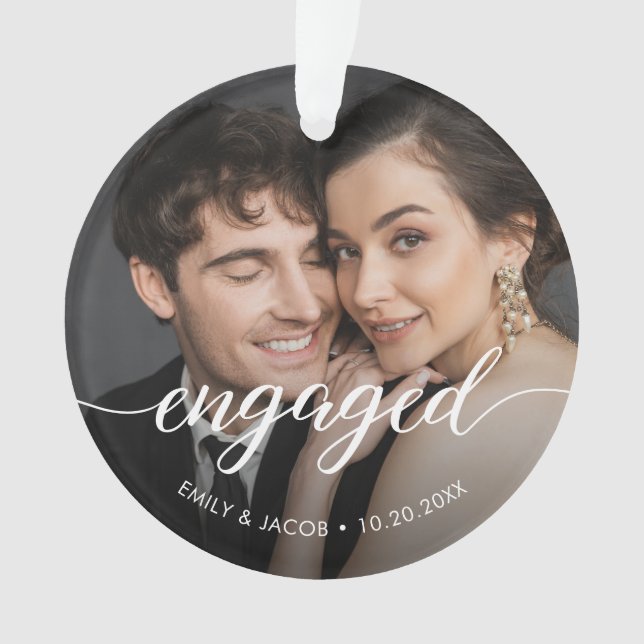 Ornamento First Christmas Engaged White overlay Custom Photo (Frente)