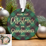 Ornamento First Christmas Grandparents Green Tartan Photo<br><div class="desc">***** Don't forget to upload your favorite photo on the back. If you don't need the photo placement, you can remove it using design tool ***** Celebrate your First Christmas as Grandparents with this Classy Green Plaid Photo Ornament. Adding a favorite photo and text to this graceful design for a...</div>