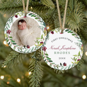 Ornamento First Christmas Green Holiday Wreath Baby Photo
