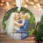 Ornamento First Christmas Mr. & Mrs. Photo Brush Script<br><div class="desc">Modern Brush Script Our First Christmas as Mr. & Mrs. Wedding Photo Ornament - Front and Back Photos</div>