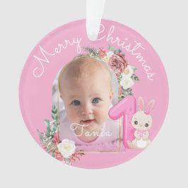 Ornamento First Christmas Pink Baby Girl Photo floral