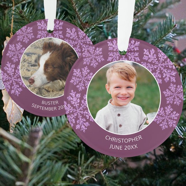 Ornamento Floco de neve Bling Bling Fora 2 Foto Natal (Add your 2 photos to this double sided Christmas ornament in dark purple with snowflakes)