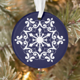 Ornamento Floco de Neve Branco Sobre Azul Escuro