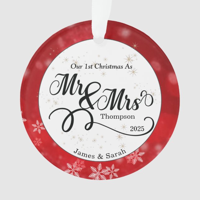 Ornamento Floco de Neve Branco Vermelho Primeiro Natal Recém (Frente)