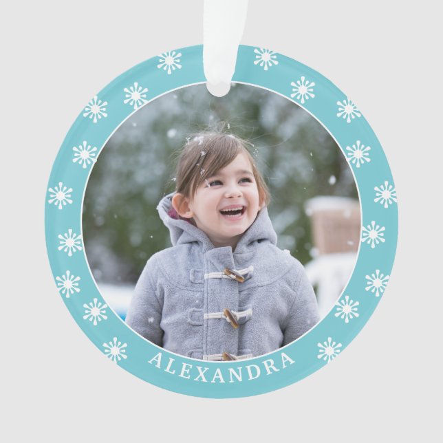 Ornamento Flocos de neve de Natal Nome de Foto Azul (Frente)