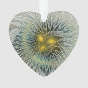Ornamento Flor de Prata Dourada Arte Fractal Abstrata Coraçã
