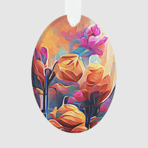 Ornamento Floral Abstrato Art Laranja Vermelho Azul Flores