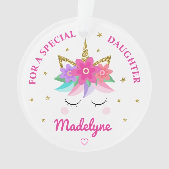 Ornamento Flores Cor-de-Rosa Unicórnio Estende Filha (Frente)