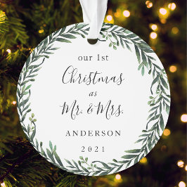 Ornamento Foliage Modern Wreath Primeiro Natal como Sr. Sra.