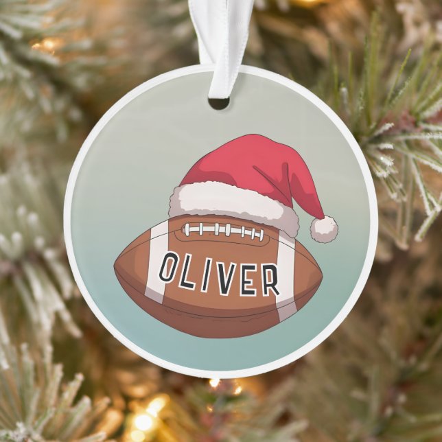 Ornamento Football Ball with Red Santa Hat Name Christmas (Árvore)