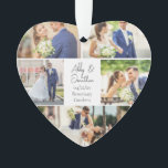 Ornamento Forma de Coração de Colagem de Fotos de Casamento<br><div class="desc">Este belo presente de Enfeites de natal em forma de coração de manutenção de casal apresenta um layout clássico de 5 fotos de casamento em um fundo branco com os nomes, a localização e a data do casal casado. Um maravilhoso presente de fotos comemorativas para sua esposa ou marido para...</div>