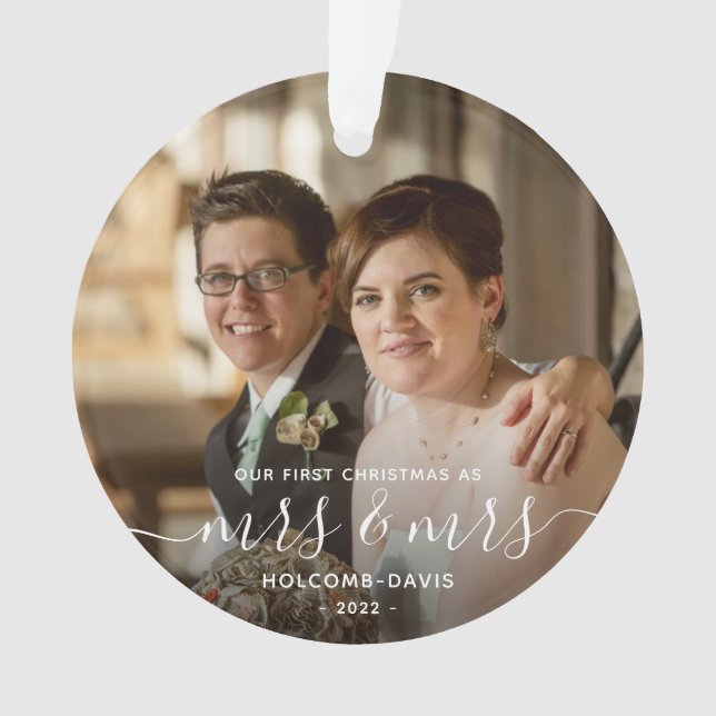 Ornamento Foto: 1rua de Natal, Sra. e Sra. LGBTQ White Scrip (Frente)