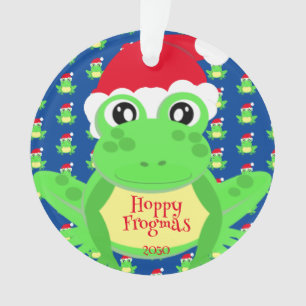 Ornamento Foto Azul Sapo Santa Hat Padrão Fofo Natal