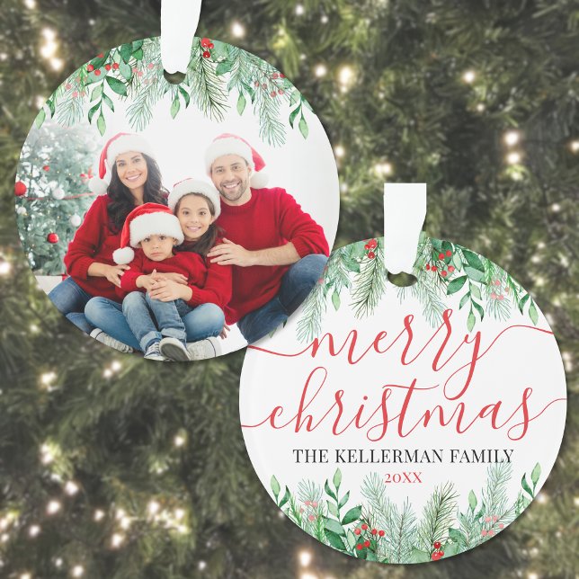 Ornamento Foto da família Elegante Greenery Feliz Natal (Elegant Greenery Family Photo Merry Christmas Ornament)