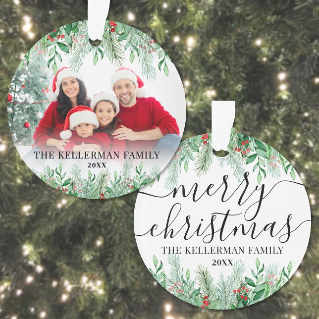 Ornamento Foto da família Elegante Greenery Feliz Natal (Elegant Greenery Family Photo Merry Christmas Ornament)
