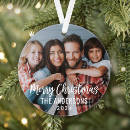 Ornamento Foto da Família Feliz de Natal de Script Moderno