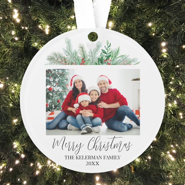 Ornamento Foto da Família Feliz de Natal de Script Moderno (Merry Christmas Create Your Own Family Photo Ornament)