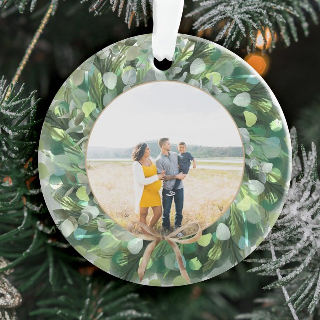 Ornamento Foto da família Fescesa Watercolor Greenery Wreath (Festive Watercolor Greenery Wreath Family Photo Ornament)