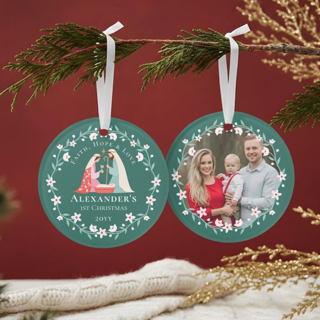 Ornamento Foto da Natividade Religiosa do Primeiro Natal do  (Baby's First Christmas Religious Nativity Photo Ornament)