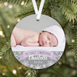 Ornamento Foto da Primeira Lavanda de Natal da Menina Roxa<br><div class="desc">A faixa "Meu Primeiro Natal" e design de ornamento de fotos de borda de flocos de neve podem ser personalizados com o nome e o ano de nascimento da menina. Inclui uma segunda foto no verso. Lavanda clara,  púrpura,  cinzas e cores brancas.</div>