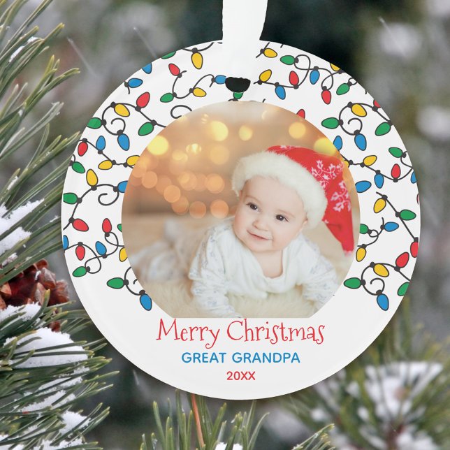 Ornamento Foto das Luzes de Natal do Vovô excelente (With your great grandpa a merry christmas with a photo ornament keepsake)