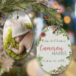 Ornamento Foto de 1rua de Natal da Rustic Baby<br><div class="desc">O adorável ornamento de Natal deste bebê em forma oval tem muito talento rústico. As palavras " Melhor Presente Nunca" foram desenhadas na tipografia moderna e sobrepostas na foto, para expressar seu profundo amor ao seu novo bebê. O verso é com uma base de madeira e plantas de Natal -...</div>