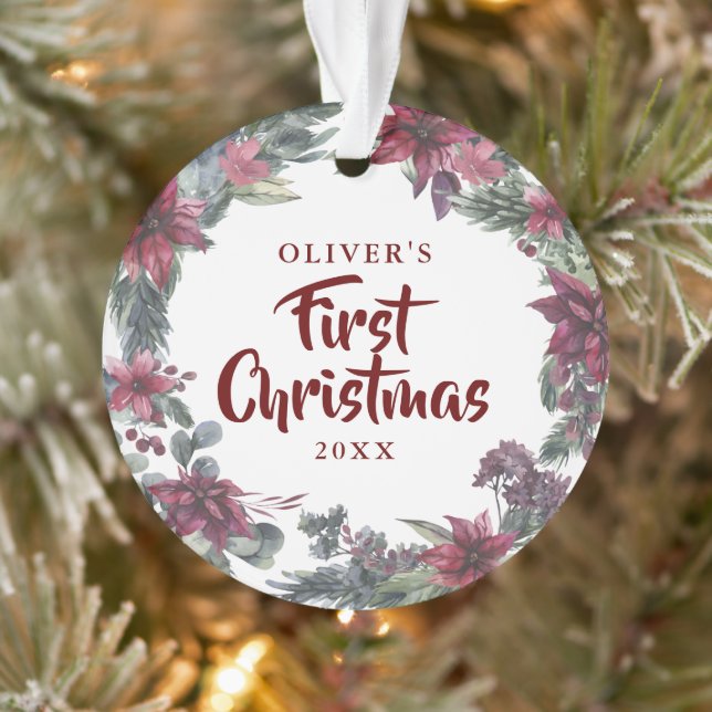 Ornamento Foto de Bebê Primeiro Natal Floral Festa (Árvore)