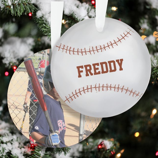 Ornamento Foto de beisebol com tipografia simples  (Baseball keepsake Christmas photo ornament.)