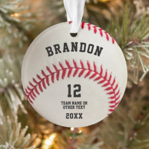Ornamento Foto de Bola de Beisebol com Costura Vermelha Pers