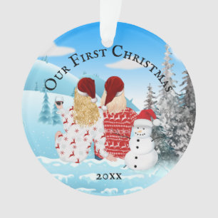 Ornamento Foto de boneco de neve de inverno no casal de lés