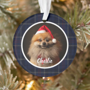 Ornamento Foto de cachorro com xadrez azul marinho clássico