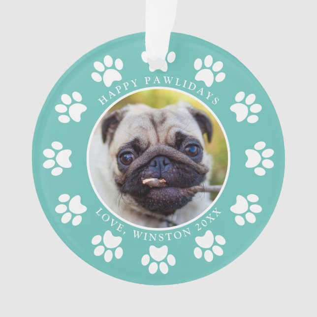 Ornamento Foto de Cachorro Feliz de Teal Personalizado (Frente)