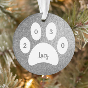 Ornamento Foto de Cachorro Prata com Pegada Branca e Nome An