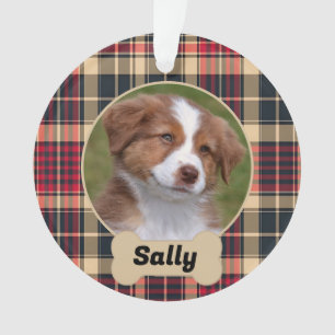 Ornamento Foto de cão Personalizado da Xadrez Vermelho e Tan