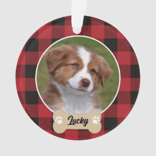 Ornamento Foto de Cão Personalizado de Xadrez de Búfalo Verm