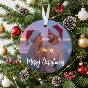 Ornamento Foto de Casal Romântico com Faíscas de Natal