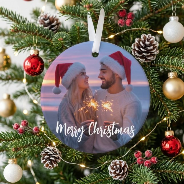 Ornamento Foto de Casal Romântico com Faíscas de Natal (Criador carregado)