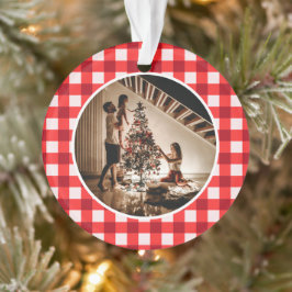 Ornamento Foto de Família de Natal com Xadrez Escocês Elegan