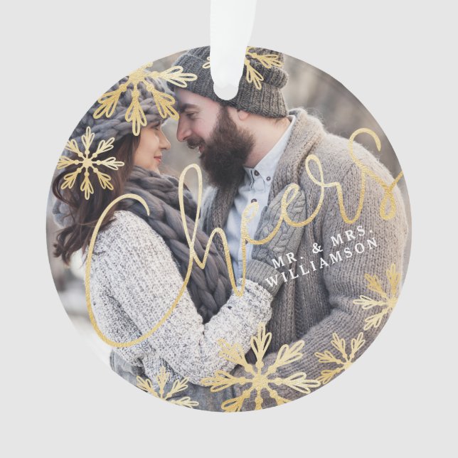 Ornamento Foto de Feriado de Neve Dourada Elegante (Frente)