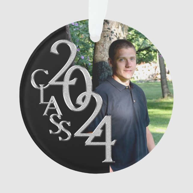 Ornamento Foto de graduação em preto e prata 2024 (Frente)