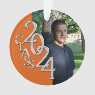 Ornamento Foto de Graduação Laranja e Prata 2024