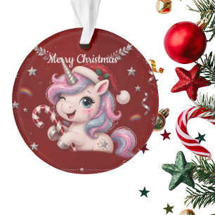 Ornamento Foto de Menina Unicórnio de Natal Vermelho Fofo