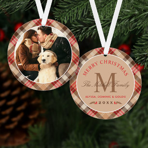 Ornamento Foto de Monograma de Natal em Xadrez Elegante Bege
