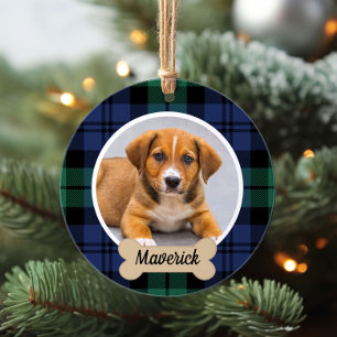 Ornamento Foto de Natal de Cachorro com Xadrez Black Watch