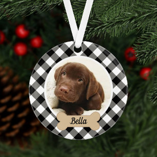 Ornamento Foto de Natal de Cachorro em Xadrez Búfalo Preto e