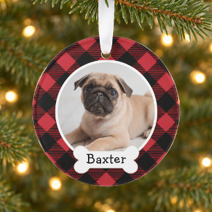 Ornamento Foto de Natal de Cachorro em Xadrez Buffalo Vermel