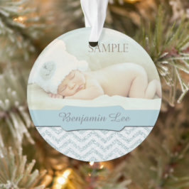 Ornamento Foto de Natal do Silver Blue Faux Glitter Baby 1ru