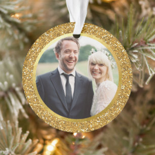 Ornamento Foto de Natal Dourada e com brilho casada pela pri